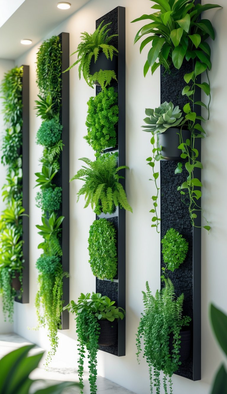 Indoor space with multiple narrow vertical planting walls filled with various green plants.